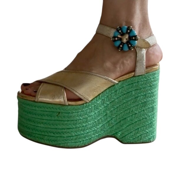 Marc Jacobs  Women's Rowan Leather Espadrille Platform Wedge Sandals Gold Sz. 6 - Picture 10 of 12